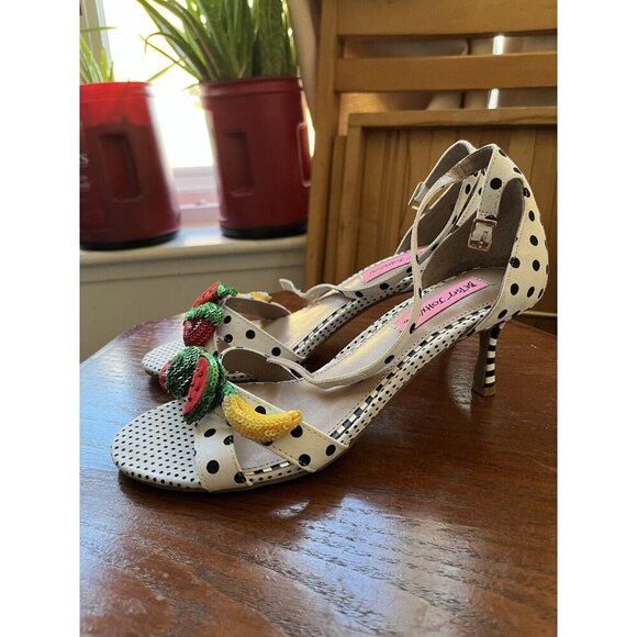 Betsey Johnson JORDAN Moody Fruit Embellished Polka Dot Heeled Sandals - Picture 6 of 8